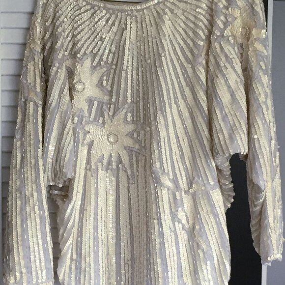 1980s Vintage Cream Sequin Chinese Silk Long Sleeve Blouse. - Picture 14 of 16